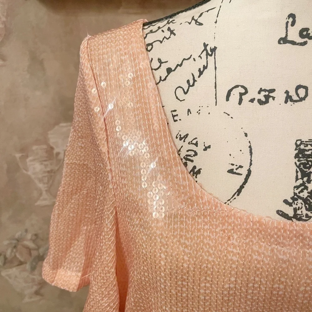 FREE PEOPLE NIGHT FEVER HALF SLEEVE SEQUIN TOP SOFT PEACH SMALL - Picture 2 of 5